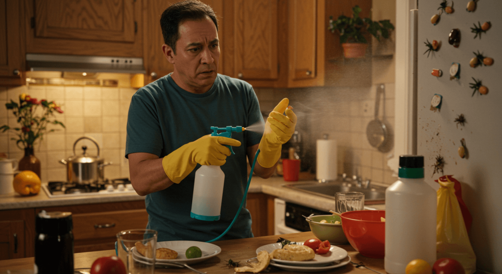 Persona aplicando mal un producto para fumigar en una cocina, cerca de utensilios.