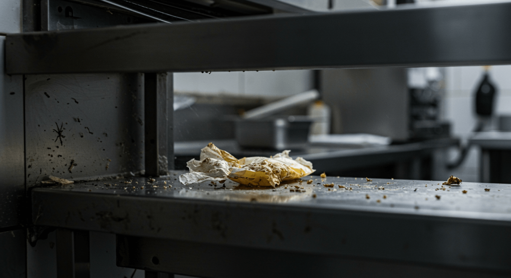 Evidencia de plagas en cocina de restaurante: empaques mordidos y rastros visibles