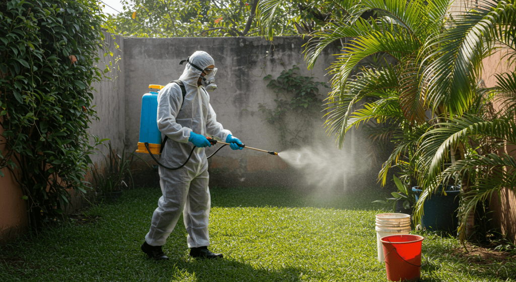 Técnico fumigando jardín con agua estancada en zona residencial de México