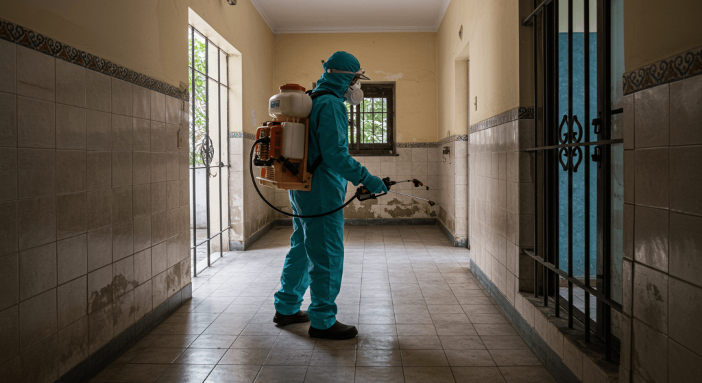 Técnico mexicano fumigando una casa con mochila profesional y traje de protección.