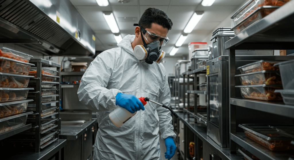 Técnico mexicano aplicando fumigación profesional en una cocina industrial de restaurante
