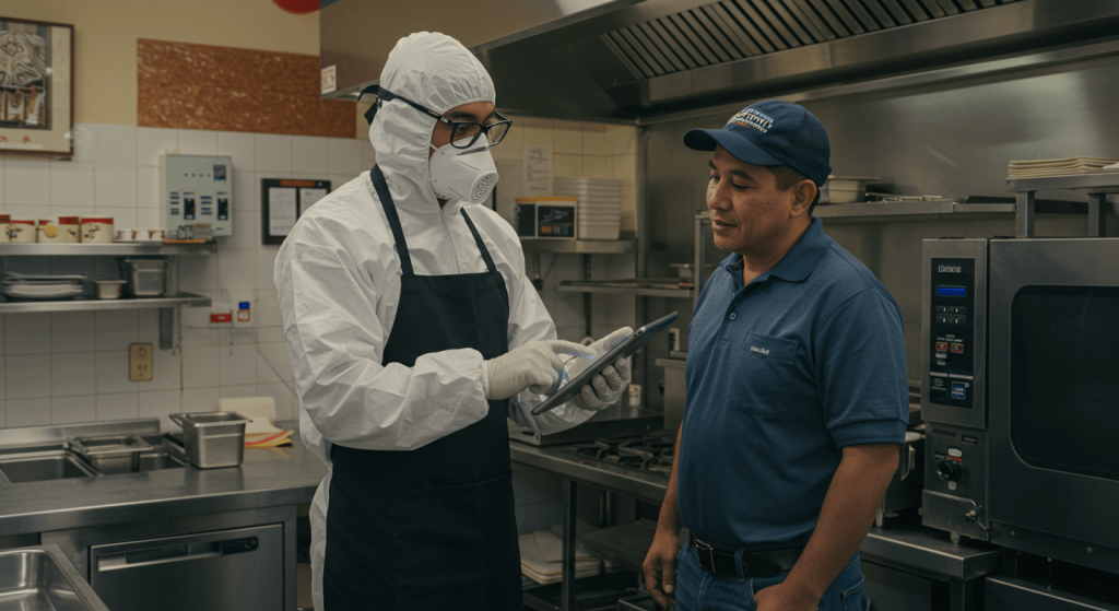 Técnico de fumigación en México mostrando reporte digital en tablet dentro de cocina de restaurante