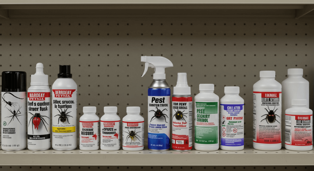 Estantería con productos genéricos para fumigar en formato aerosol, líquido y polvo.