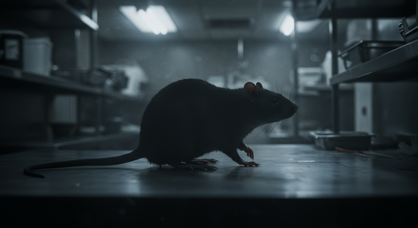Silueta de una rata en una cocina industrial desenfocada, simbolizando infestación en restaurantes.