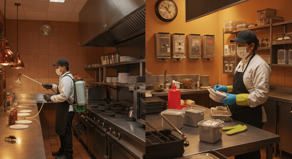 Comparación visual de fumigación y control de plagas en un restaurante mexicano, mostrando aplicación y medidas preventivas.
