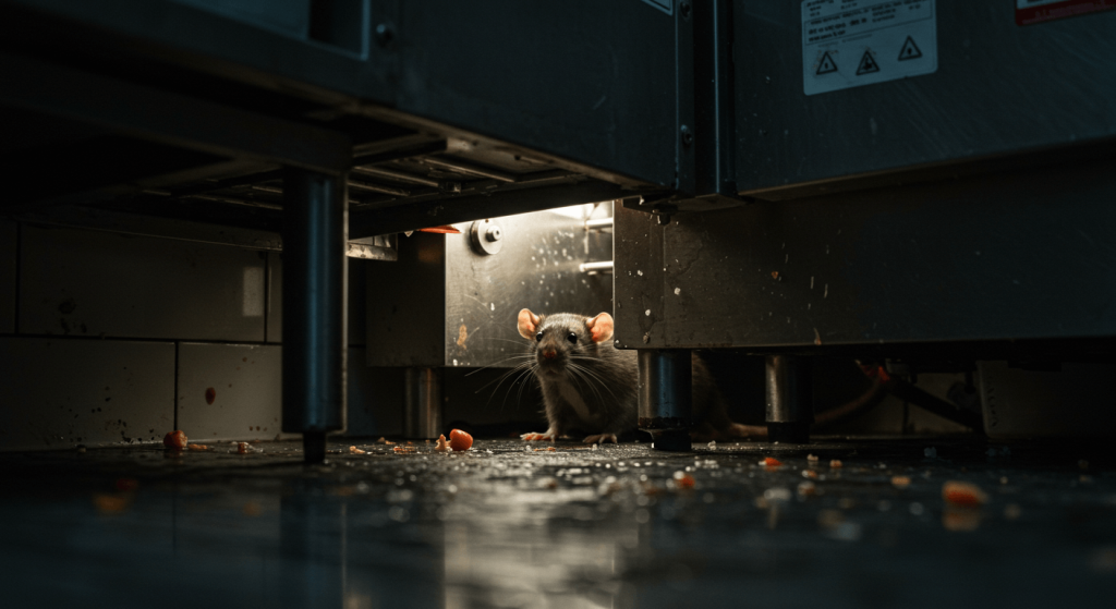 Rata escondida bajo refrigerador en cocina de restaurante, foco común de infestaciones por roedores.