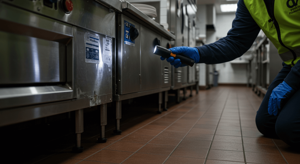 Técnico profesional aplicando control de plagas, mostrando cómo eliminar ratas en restaurantes de forma segura y efectiva.
